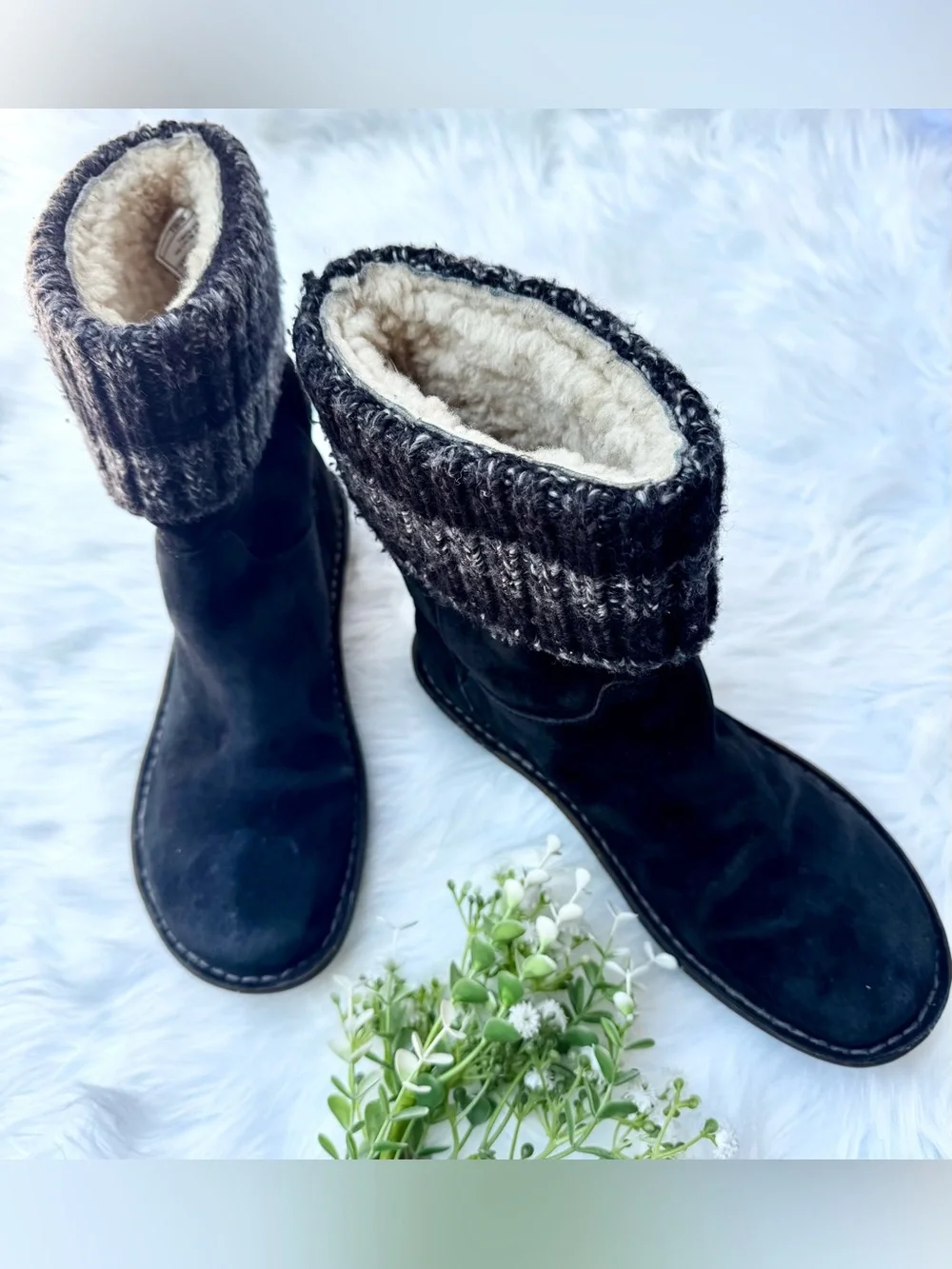 UGG Kaylana Black Suede Leather Knit Cuff Pull on Winter Boots Rubber Sole Sz 7